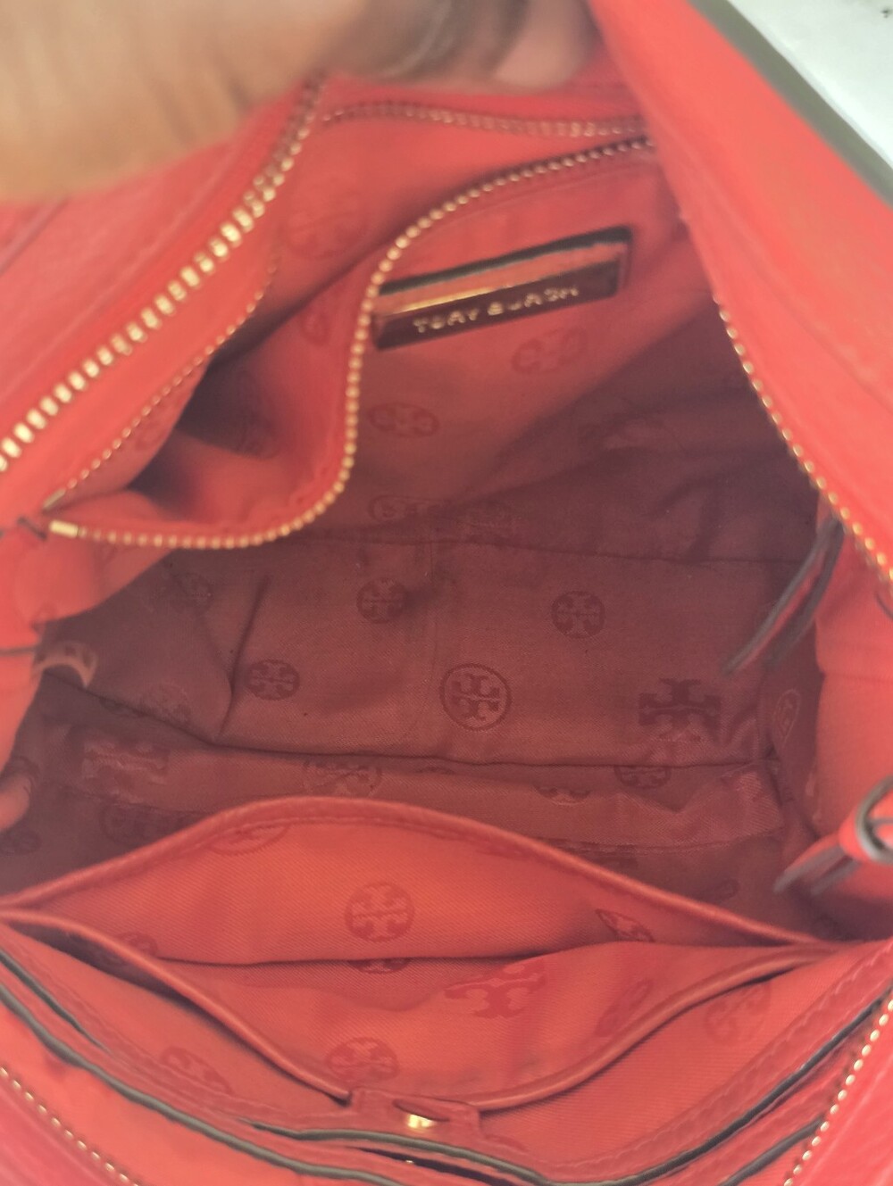 Tory Burch Red Pebbled Leather Crossbody Shoulder Bag Gold Chain Tassel - Picture 13 of 15